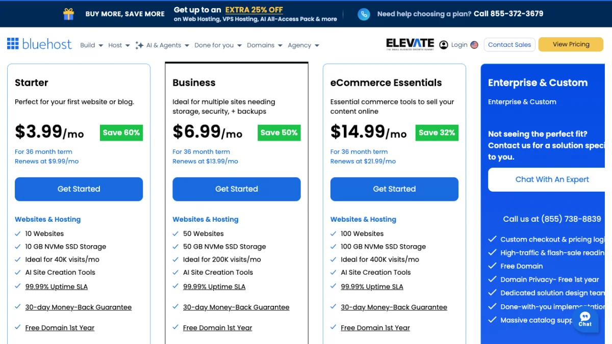 Bluehost shared hosting pricing page in US dollars, checked October 2026, showing Starter at $3.99, Business at $6.99 and eCommerce Essentials at $14.99 a month