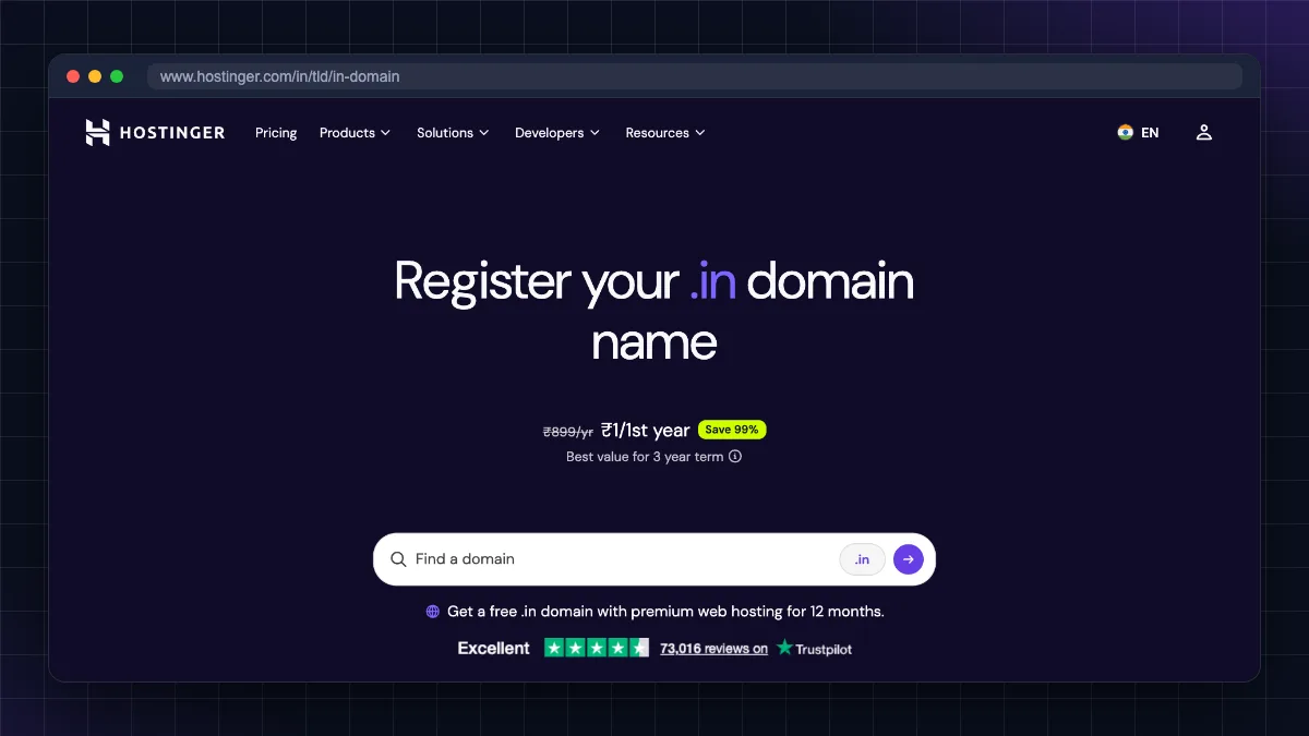 Hostinger .in domain page showing ₹1 for the first year against the ₹899/yr regular price