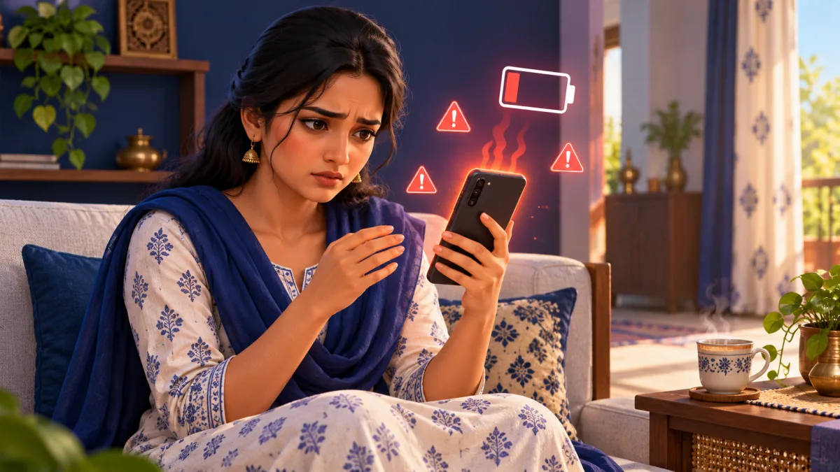 Phone hacked signs on Android: a worried young woman on a sofa holding her warm phone, with labels Phone runs hot and Battery drains fast
