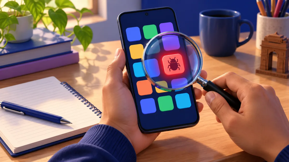 How to check if my phone is hacked: hands holding an Android phone over a study desk with a finger on one unfamiliar app icon, labelled Unknown app and Check permissions
