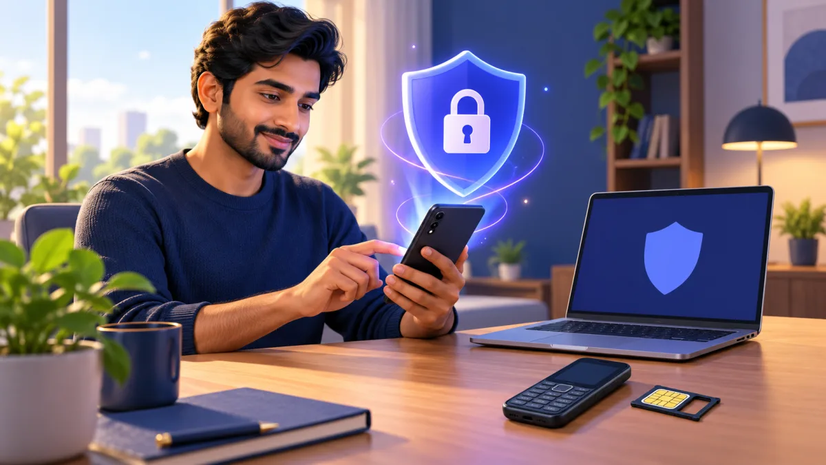 Phone hacked what to do: an Indian man at a desk securing his Android phone beside a laptop and an open SIM tray, labelled Change passwords, Secure SIM and Factory reset