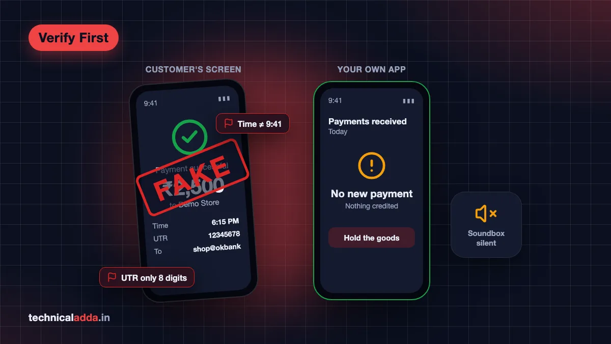 How to identify fake UPI payment screenshot: customer's screen stamped fake with red flags next to the shop's own app showing no payment