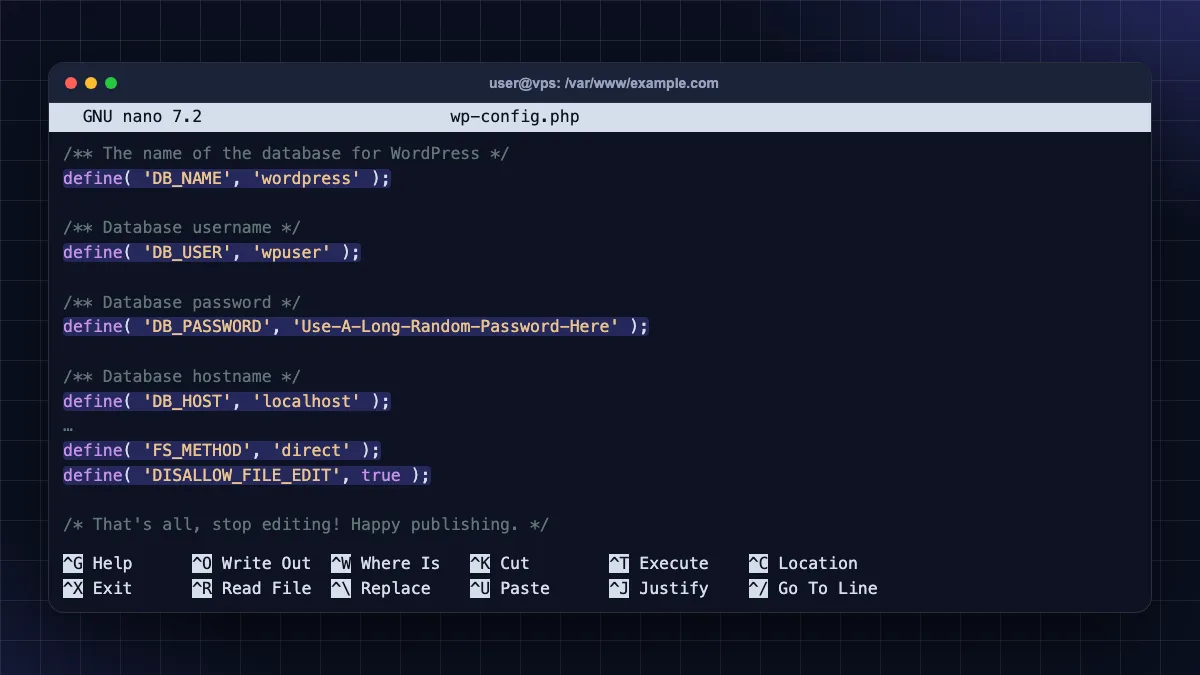 wp-config.php database settings in nano editor on Ubuntu VPS