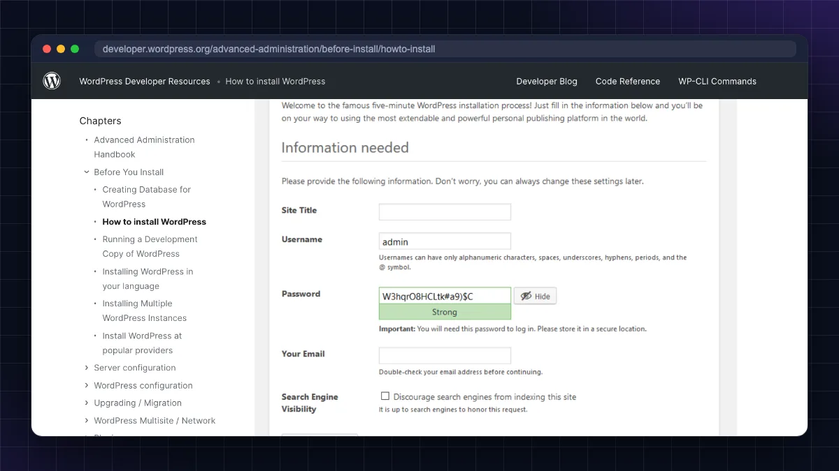 WordPress installation screen on VPS with Site Title, Username, Password and Email fields (WordPress.org install guide)