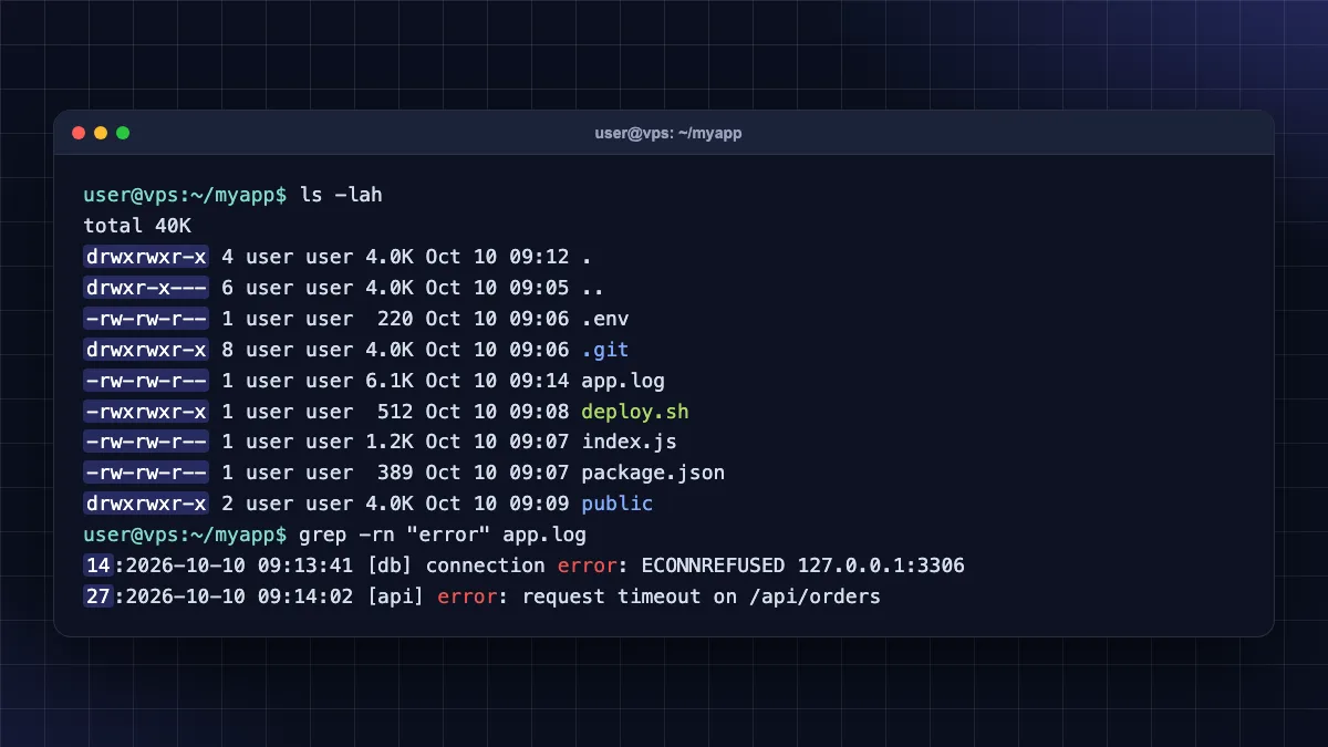 Ubuntu 24.04 terminal showing ls -lah and grep -rn output for Linux commands for beginners