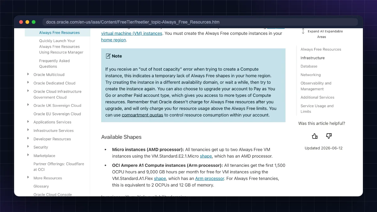 Oracle Cloud free tier Ampere A1 limits on Oracle's Always Free Resources page