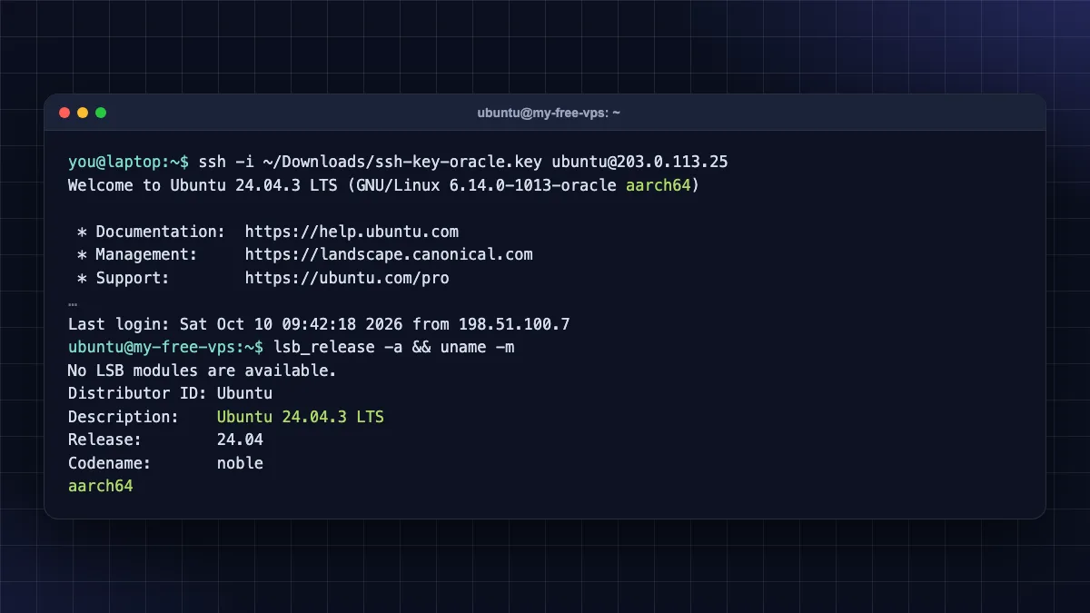 SSH login to Oracle Cloud free VPS showing Ubuntu 24.04 on aarch64