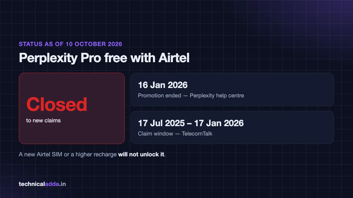 Perplexity Pro free Airtel offer status: closed to new claims since January 2026