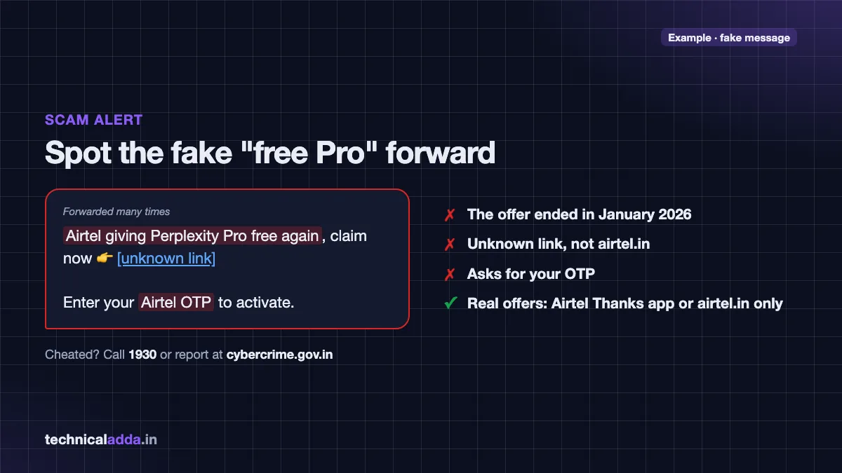 Example of a fake Perplexity Pro free Airtel WhatsApp message