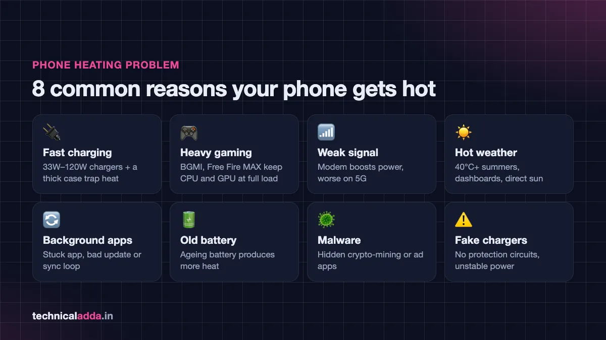 Phone heating problem solution infographic showing common causes of overheating