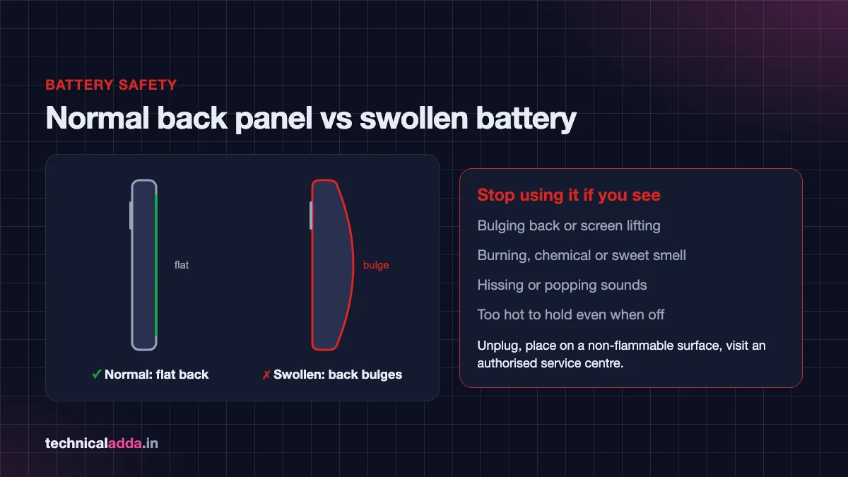 Swollen phone battery warning sign showing dangerous phone heating