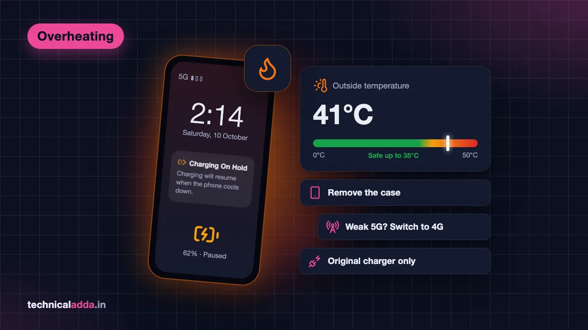 Phone heating problem solution – hot phone showing Charging On Hold beside a 41°C outside-temperature gauge and quick fixes
