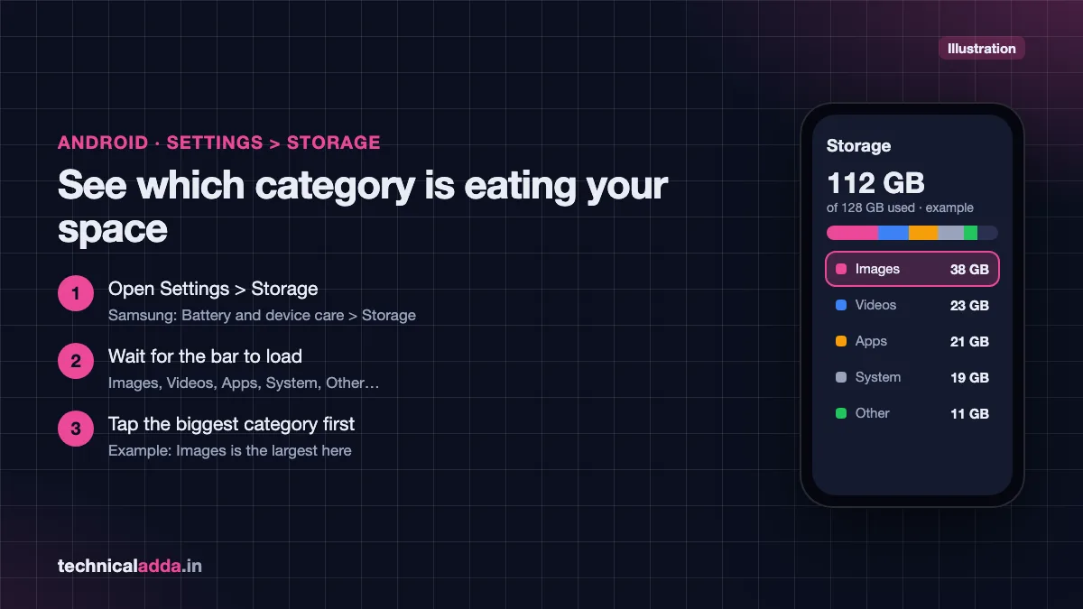 Phone storage full check on Android: Settings > Storage categories with the largest one highlighted