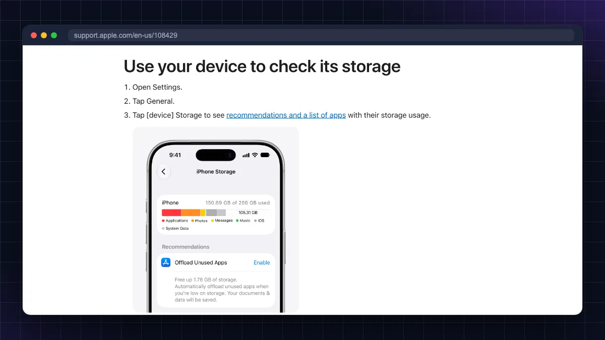 iPhone Storage screen with Offload Unused Apps recommendation on Apple Support