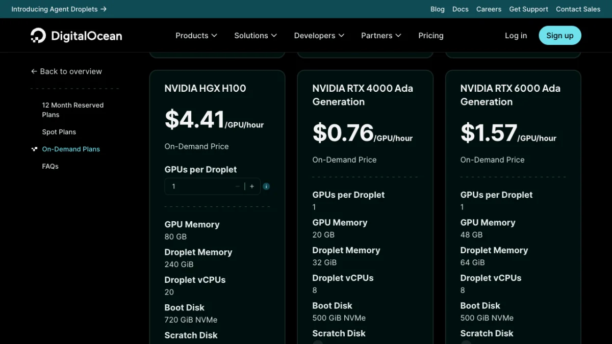 DigitalOcean GPU Droplet pricing page in US dollars, checked October 2026, showing the NVIDIA RTX 4000 Ada at $0.76 per GPU per hour with 20 GB GPU memory