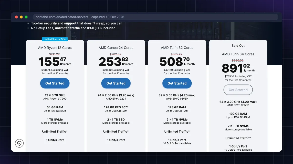 Contabo dedicated server pricing page showing monthly prices and core counts