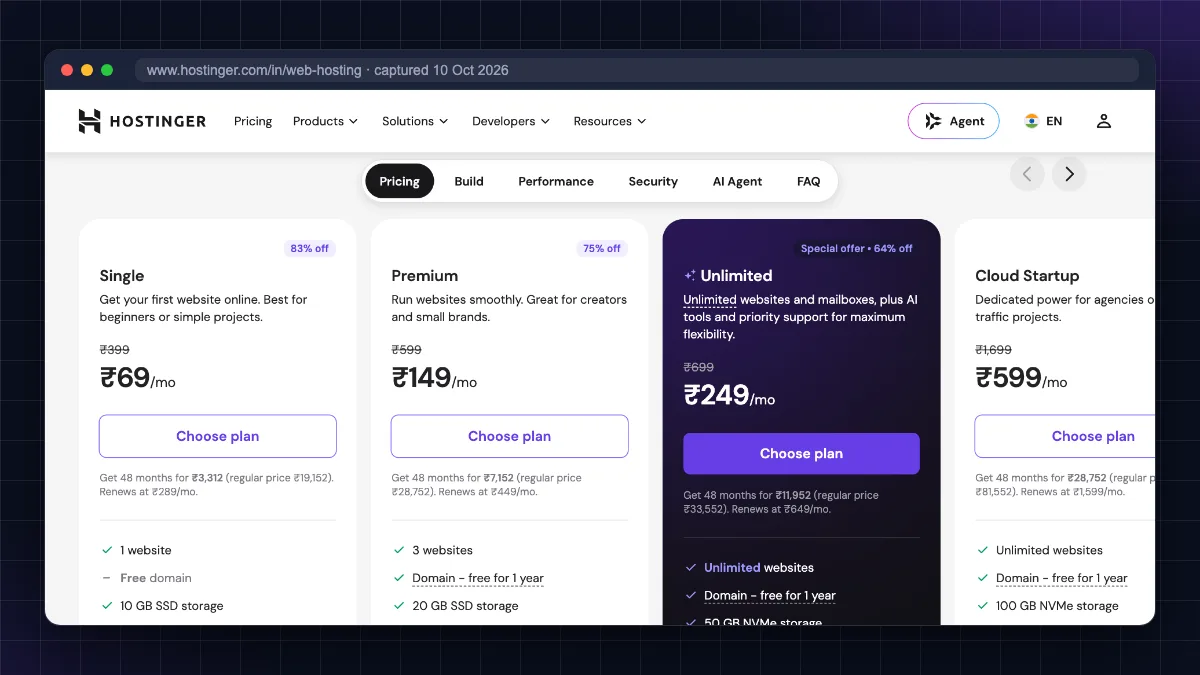 Hostinger India pricing page comparing shared web hosting plans in rupees