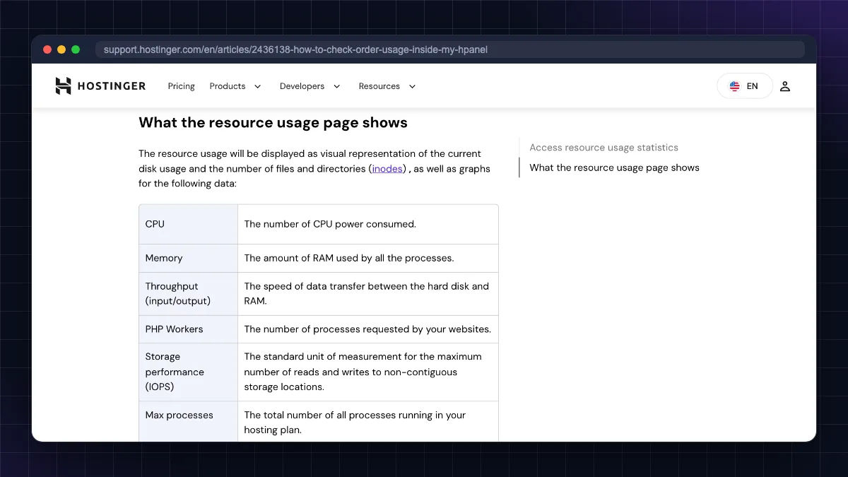 Hostinger support page listing hPanel resource usage metrics: CPU, memory, PHP workers and max processes