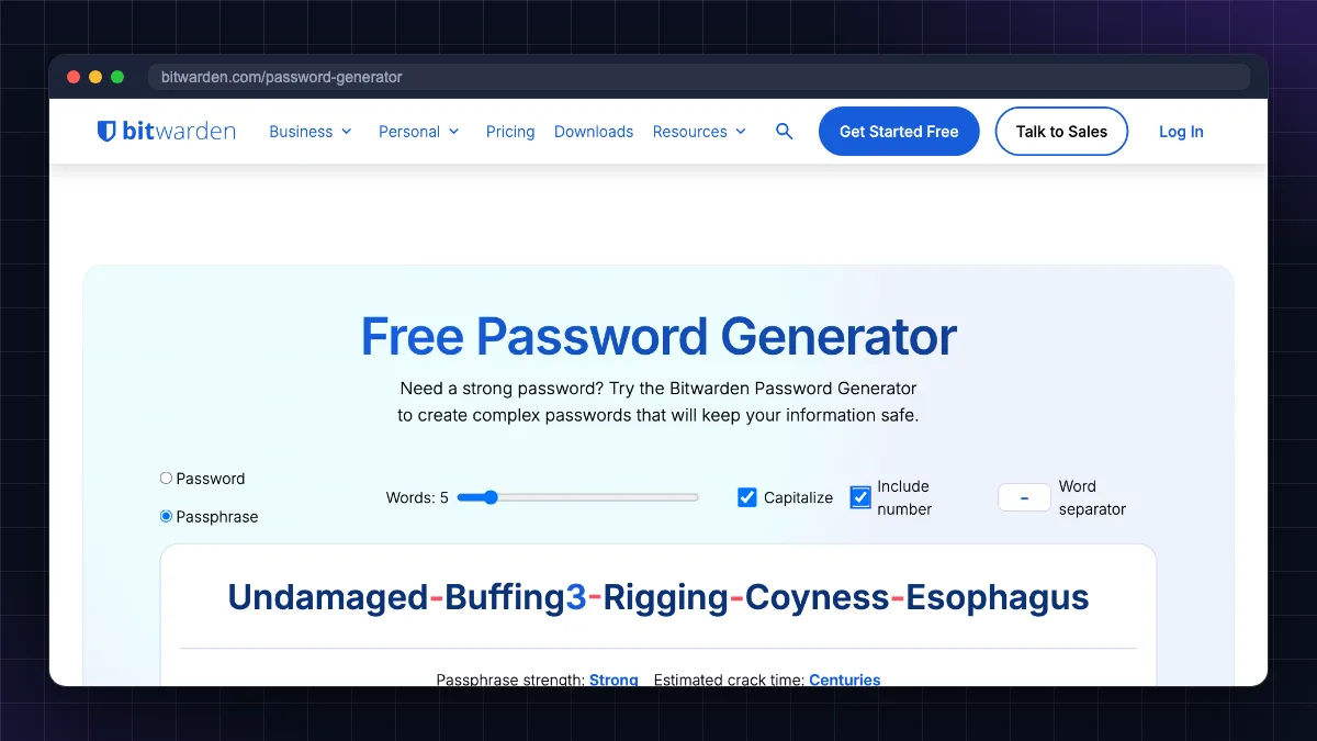 Bitwarden free password generator creating a strong 5-word passphrase with hyphens and a number