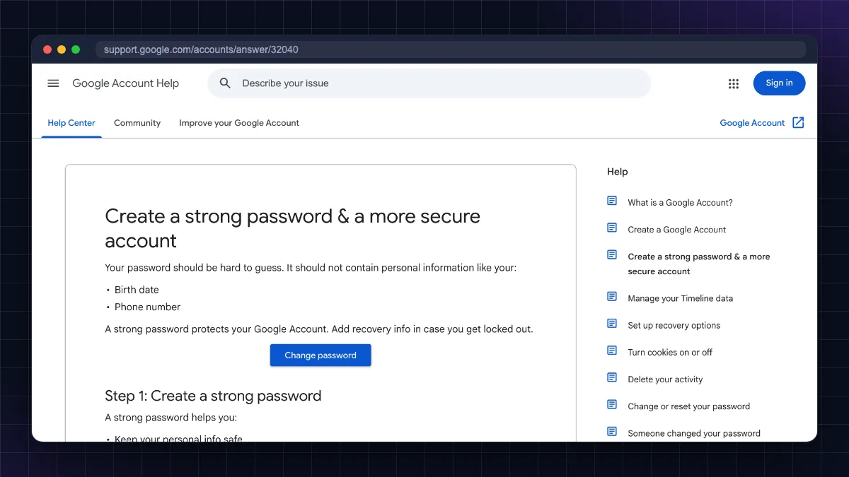 Google Account Help page on how to create a strong password, with the Change password button