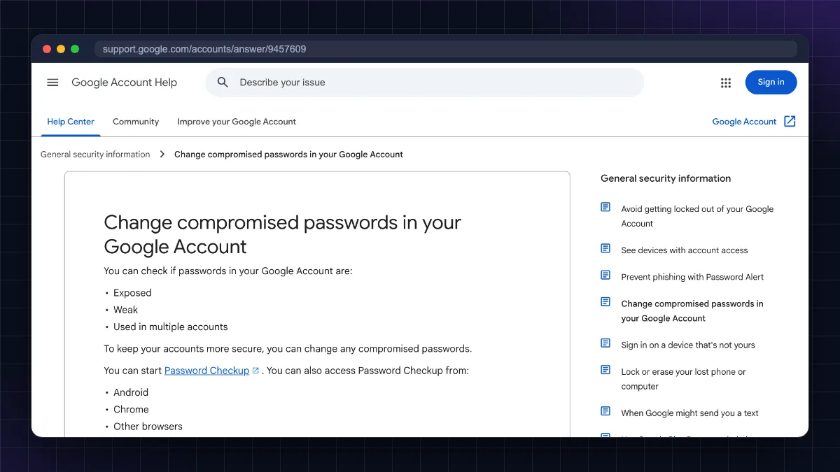 Google Account Help page on Password Checkup for exposed, weak and reused passwords