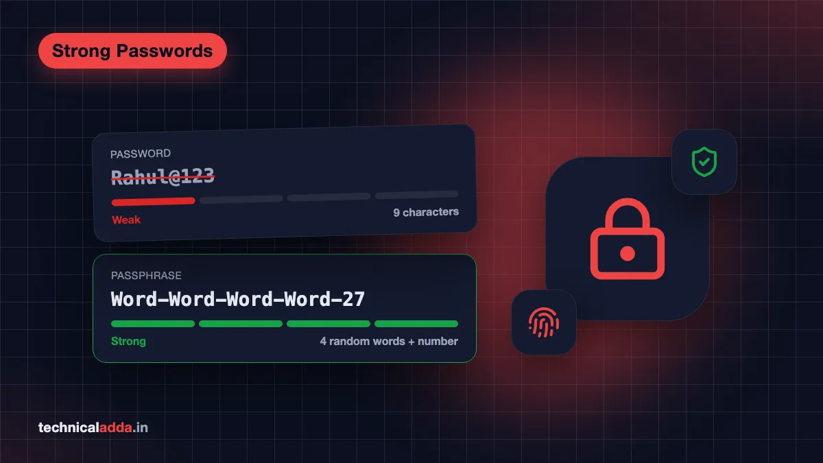 Strong password examples shown as long passphrases with a padlock icon