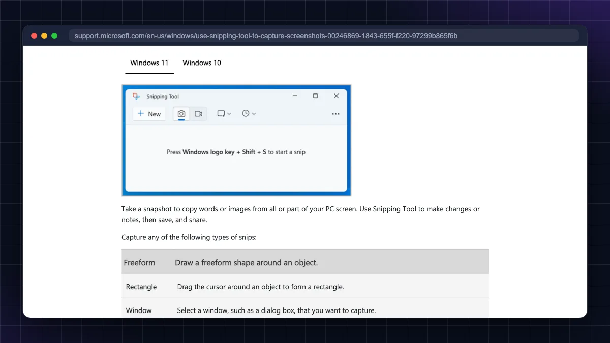 Microsoft Support page showing the Windows 11 Snipping Tool and its Freeform, Rectangle and Window snip modes