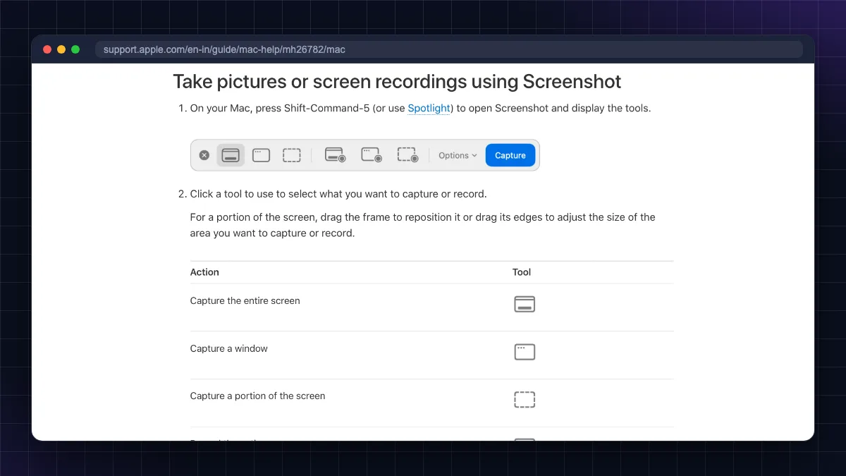 Apple Support guide showing the MacBook Screenshot toolbar with Options button, opened with Shift Command 5