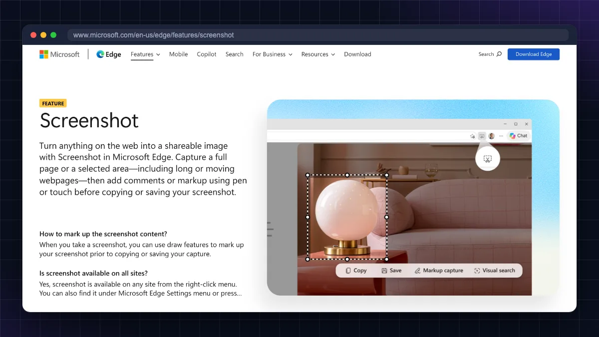Microsoft Edge Screenshot feature page: capture a full page or a selected area of a web page