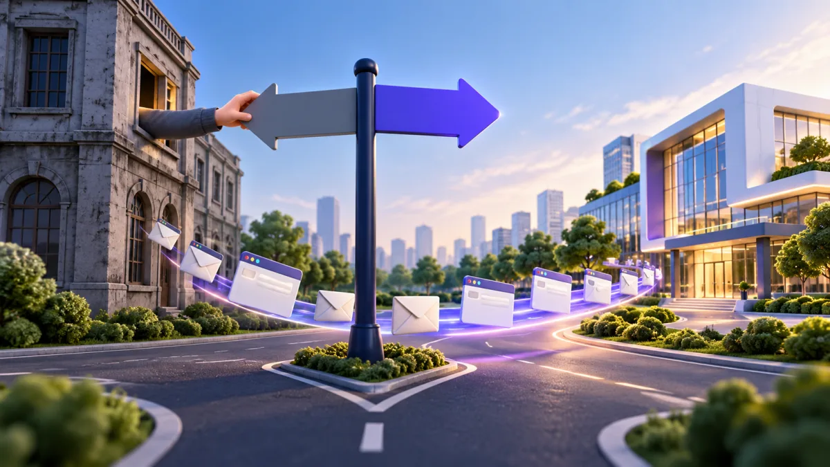 Hand turning a road signpost arrow away from an old office building towards a new one, labelled Old host, New host and DNS switch