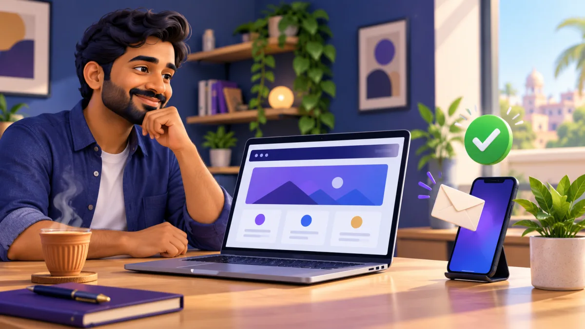 Small business owner in an Indian home office testing a migrated website on a laptop while a new email arrives on an Android phone, labelled Test the site and Mail arrives