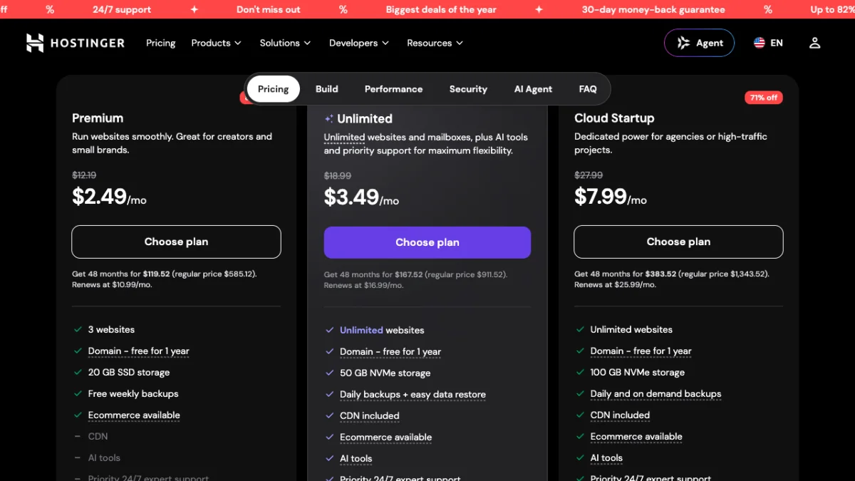 Hostinger pricing page in US dollars, checked October 2026, showing Premium at $2.49, Unlimited at $3.49 and Cloud Startup at $7.99 a month on 48-month terms