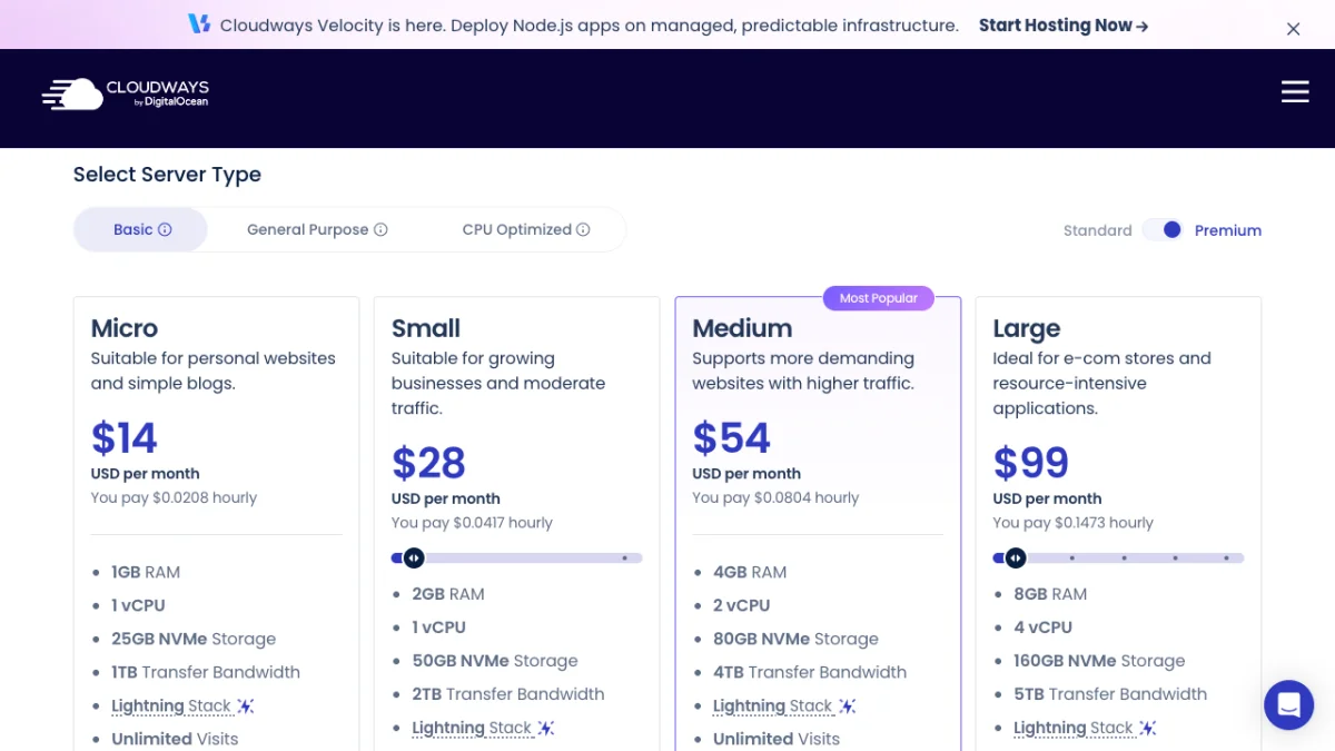 Cloudways pricing page in US dollars, checked October 2026, showing Premium DigitalOcean servers from $14 a month