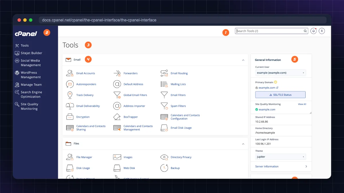 cPanel Jupiter Tools page from the official cPanel documentation, showing Email and Files sections and the General Information panel