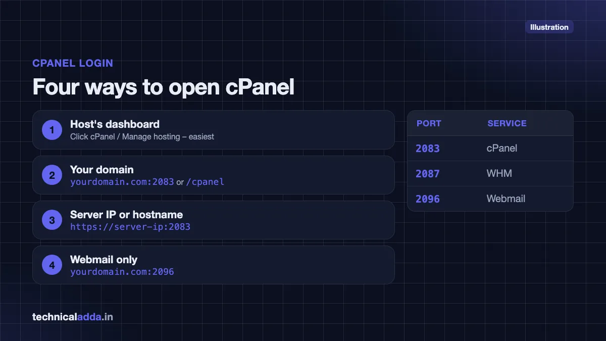 Four ways to log in to cPanel, with ports 2083 (cPanel), 2087 (WHM) and 2096 (Webmail)