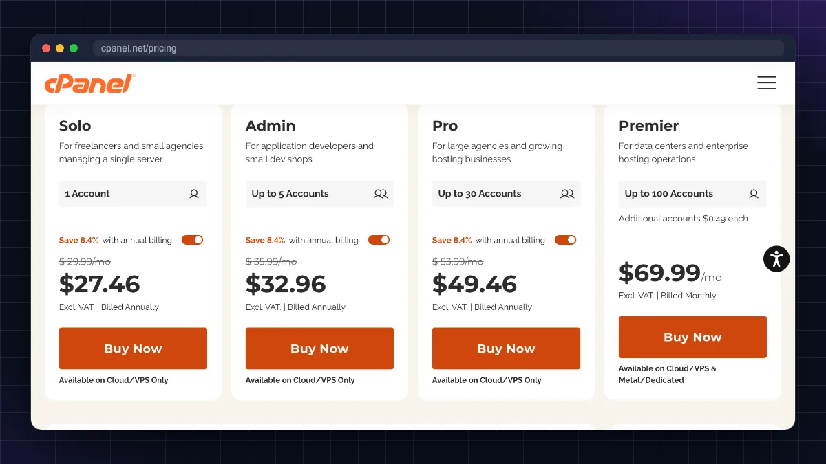 cPanel official pricing page showing Solo, Admin, Pro and Premier licences with account limits and prices (October 2026)