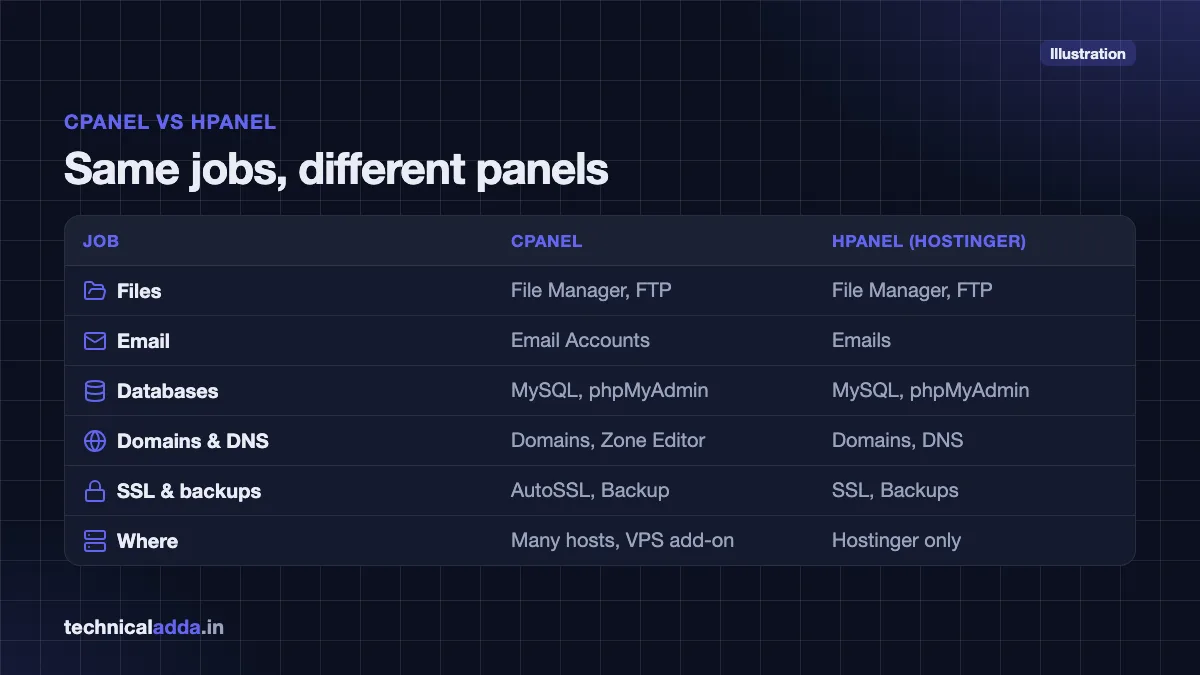 cPanel vs hPanel: where files, email, databases, domains and SSL are managed in each panel