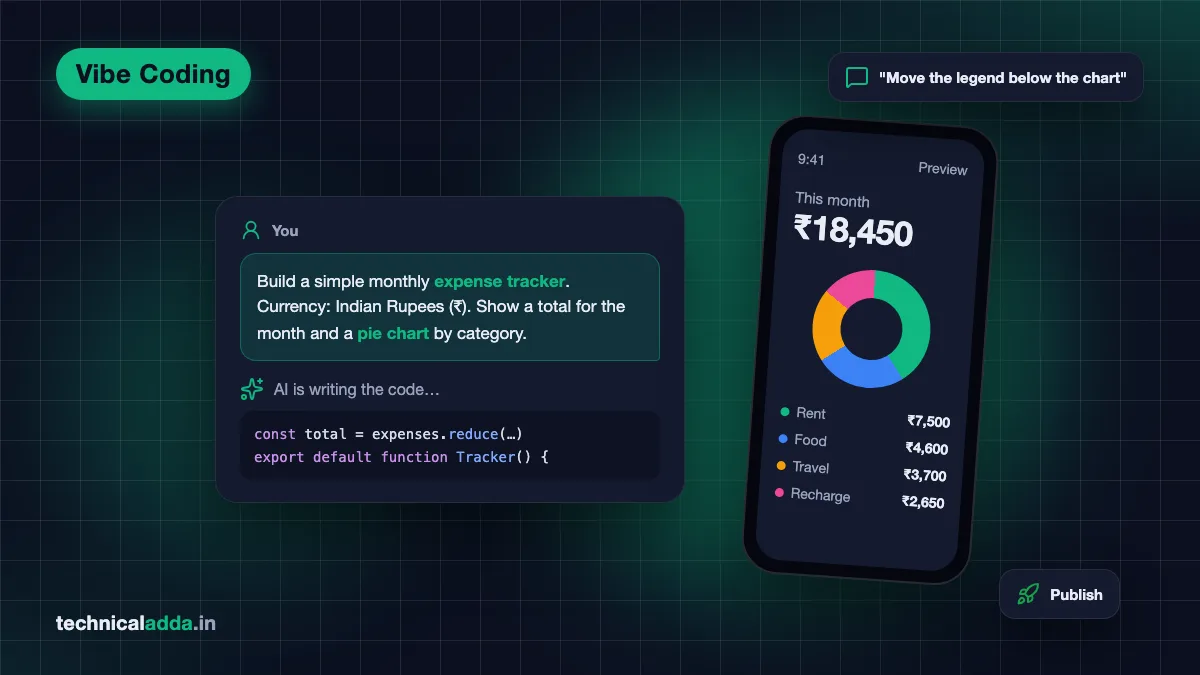 What is vibe coding - a plain-English prompt for a rupee expense tracker turning into AI-written code and a live phone preview with a pie chart