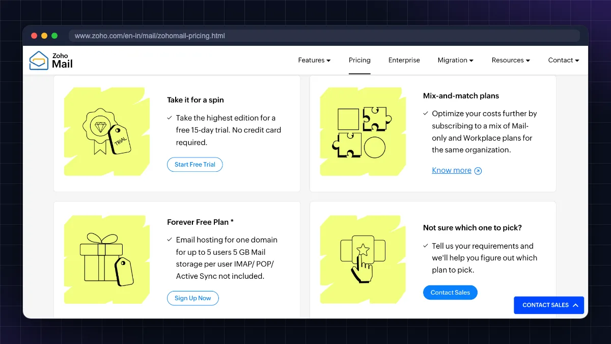Zoho Mail free with own domain Forever Free plan on Zoho pricing page